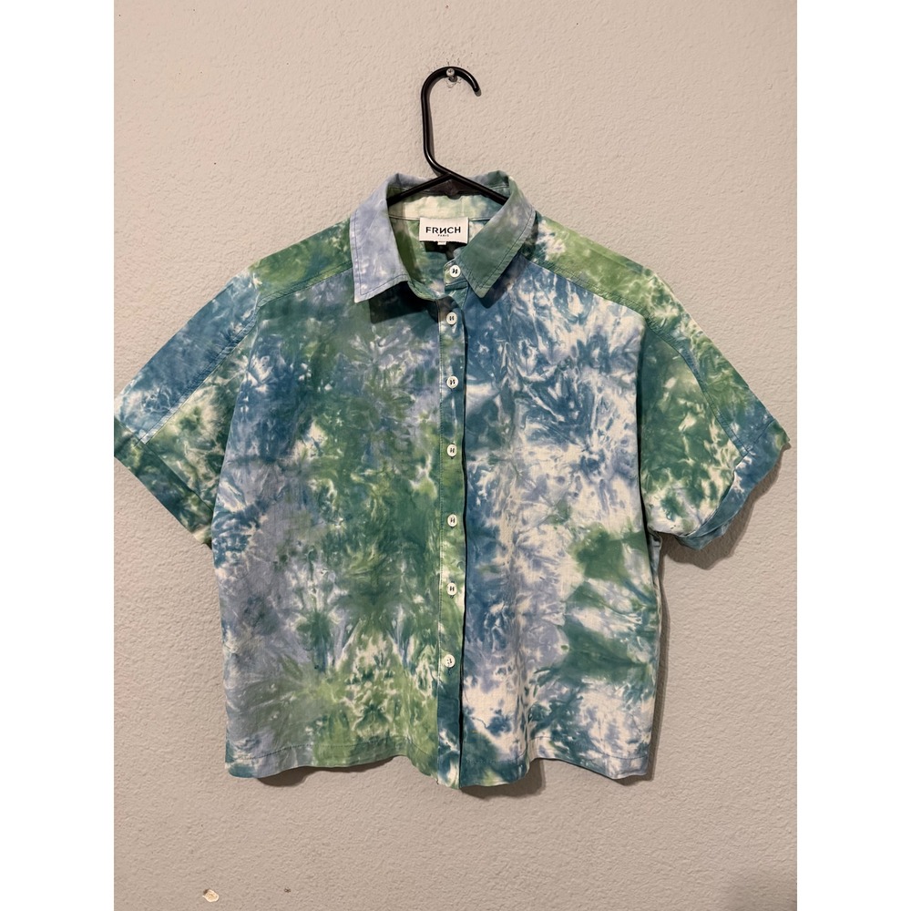 FRNCH Paris Shirt XS Tie Dye Short Sleeve Button Down Blue Green Cotton Paris
